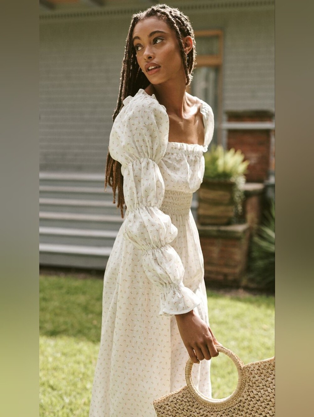 Sleeper 100% linen michelin midi dress in garden floral, xsmall coquette fem